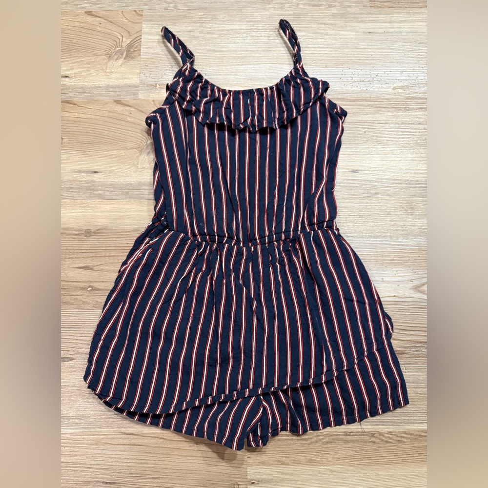 abercrombie kids Navy Striped Ruffle Romper with Red & White Accents